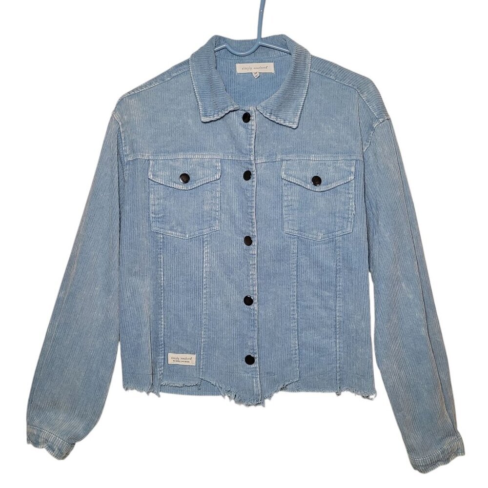 Simply Southern Corduroy Jacket Distressed Blue Long Sleeve Button Medium Boho - Picture 13 of 13